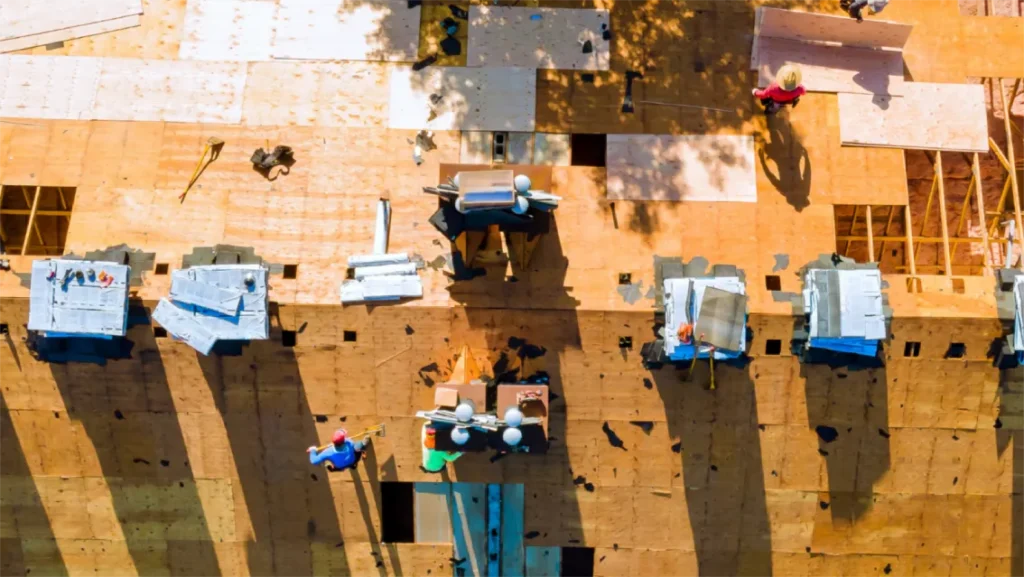 Aerial view of residential roof replacement in progress