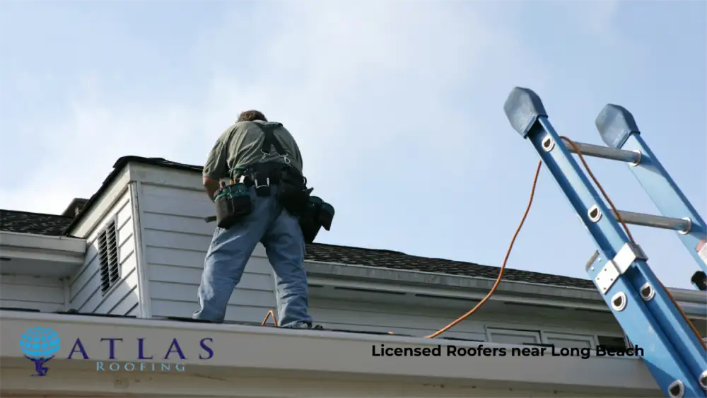 Professional roofer working on residential roof near Long Beach